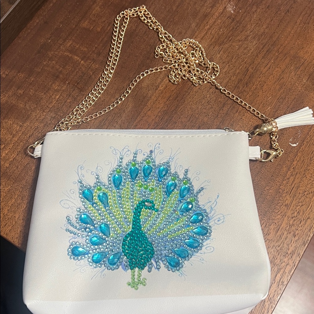White Clutch/Makeup Bag with Bedazzled Peacock Design